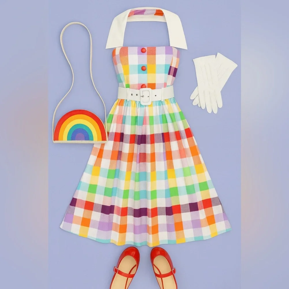 Unique Vintage Collectif Rainbows Over Hollywood Gingham Halter Swing Dress, NWT - Picture 8 of 16